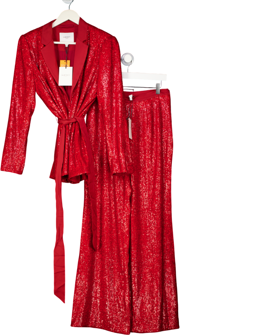 LK Bennett Shimmer Sequin Red Belted Jacket And Wide Leg Trousers UK 10