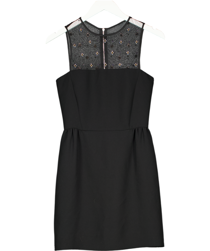 MAJE Black Embellished Mesh Neckline Crepe Fit & Flare Mini Dress Sz1 UK 8