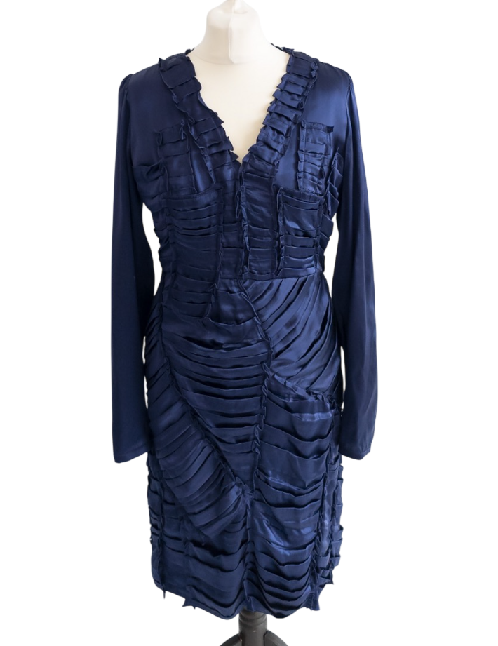 Burberry Navy Blue Silk Ruffle Dress UK 14