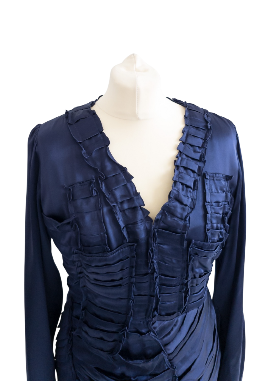 Burberry Navy Blue Silk Ruffle Dress UK 14