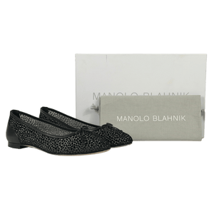 MANOLO BLAHNIK Verizzo Black Embroidered Mesh Ballet Flat Shoes UK 4 EU 37