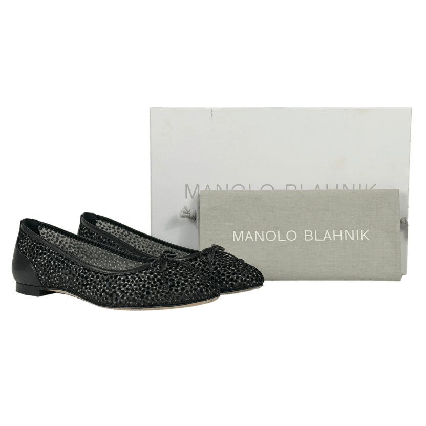 MANOLO BLAHNIK Verizzo Black Embroidered Mesh Ballet Flat Shoes UK 4 EU 37
