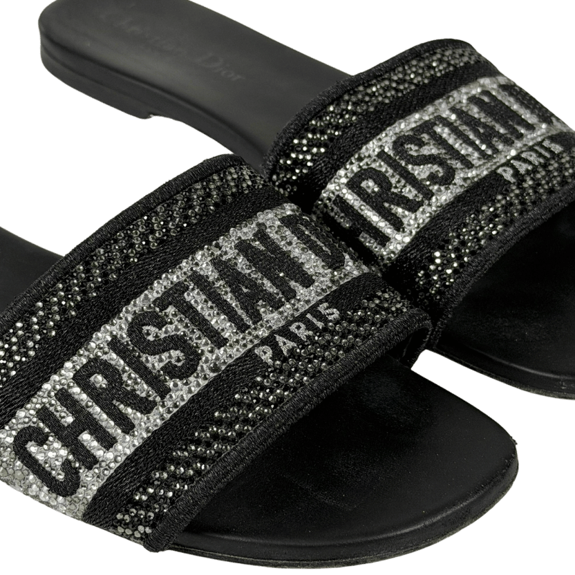 DIOR Black Black/silver Canvas Crystal Embellished Dway Flat Slides UK 5 EU 38