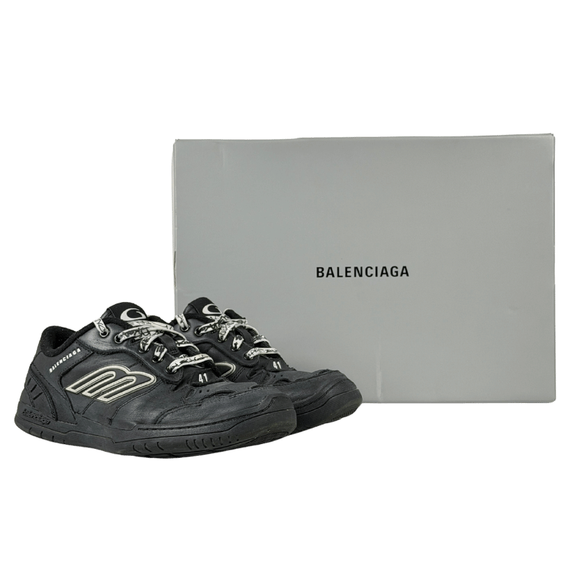 Balenciaga Black Hamptons Logo-appliquéd Distressed Leather Trainers UK 7 EU 41