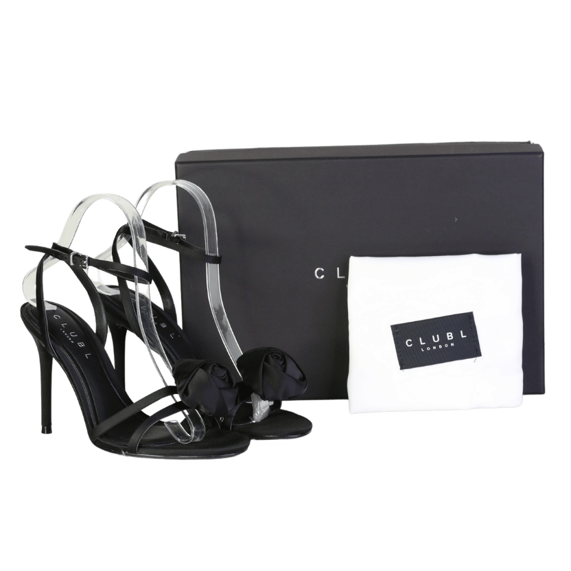 Club L Sweet Step Black Satin Strappy Heeled Sandals With Flowers UK 4 EU 37 👠