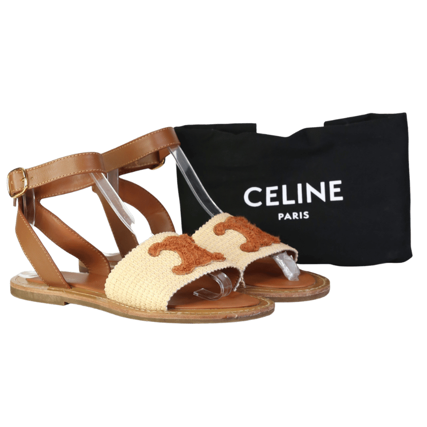 Brown Celine Lympia In Triomphe Raffia And Calfskin Sandals UK 5 EU 38 👠