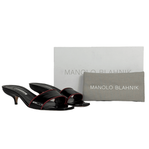 MANOLO BLAHNIK Hemalmu Black Patent Leather 50 Mid Kitten Heel Mules UK 7 EU 40