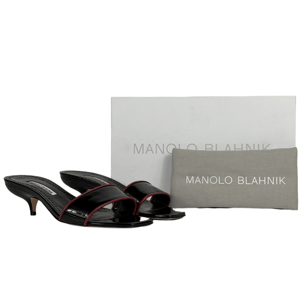 MANOLO BLAHNIK Hemalmu Black Patent Leather 50 Mid Kitten Heel Mules UK 7 EU 40