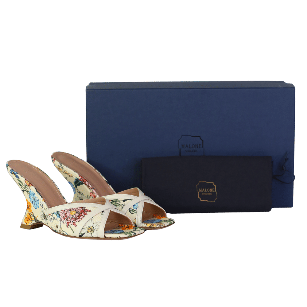 Malone Souliers Perla 85mm Canvas Wedge Sandals In Floral Cream UK 4 EU 37 👠