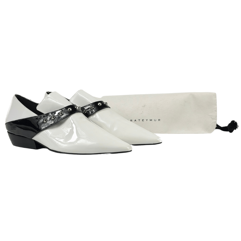 DORA TEYMUR White / Black Patent Leather Studded Flats UK 5 EU 38 👠