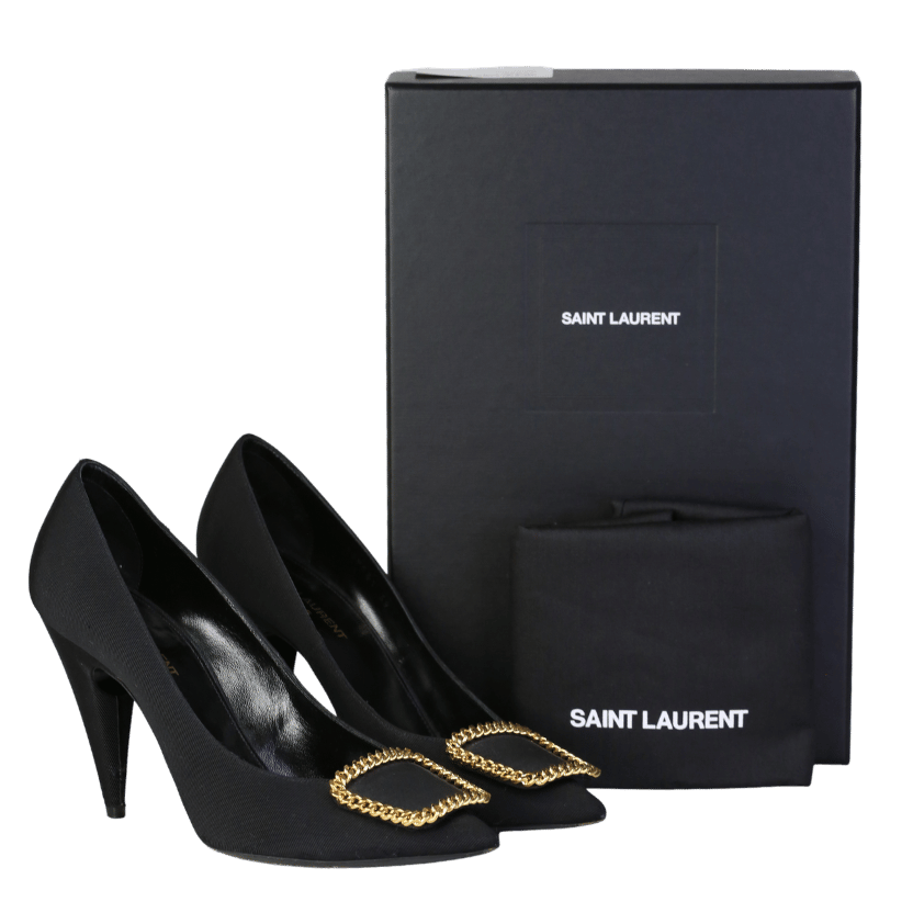 Saint Laurent Black  / Gold St Sulpice Chain-buckle Grosgrain Pumps UK 6 EU 39 👠