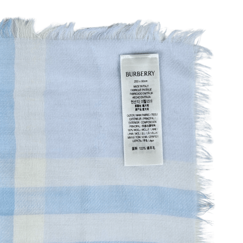 Burberry Blue 100% Wool Check Fringed Scarf