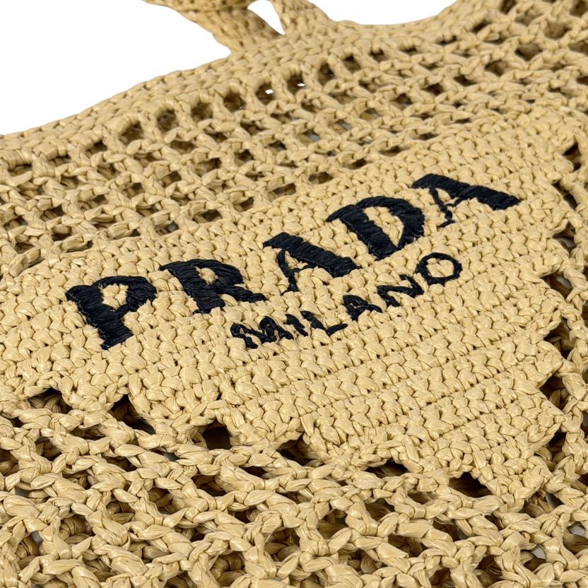 PRADA Beige Small Logo Raffia Tote Bag