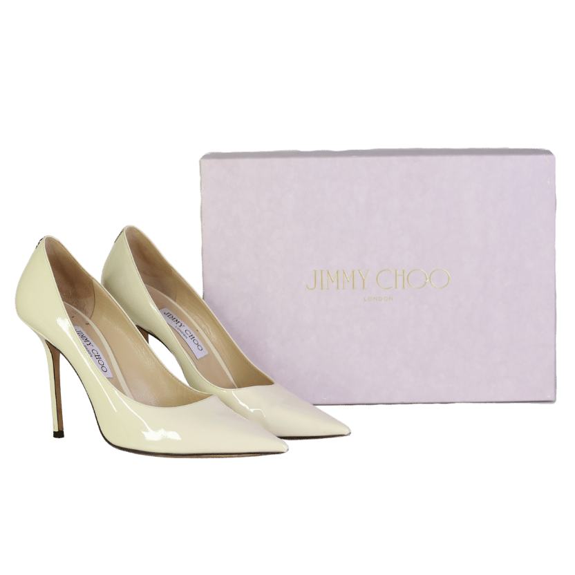 JIMMY CHOO Ivory Cream Love Patent Leather Heels With Silver Logo UK 7 EU 40 👠