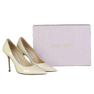 JIMMY CHOO Ivory Cream Love Patent Leather Heels With Silver Logo UK 7 EU 40