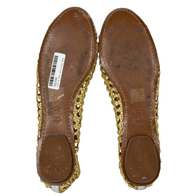 TORY BURCH Metallic Gold/silver Carlyle Woven Leather Bow Logo Ballet Flat Shoes UK 8