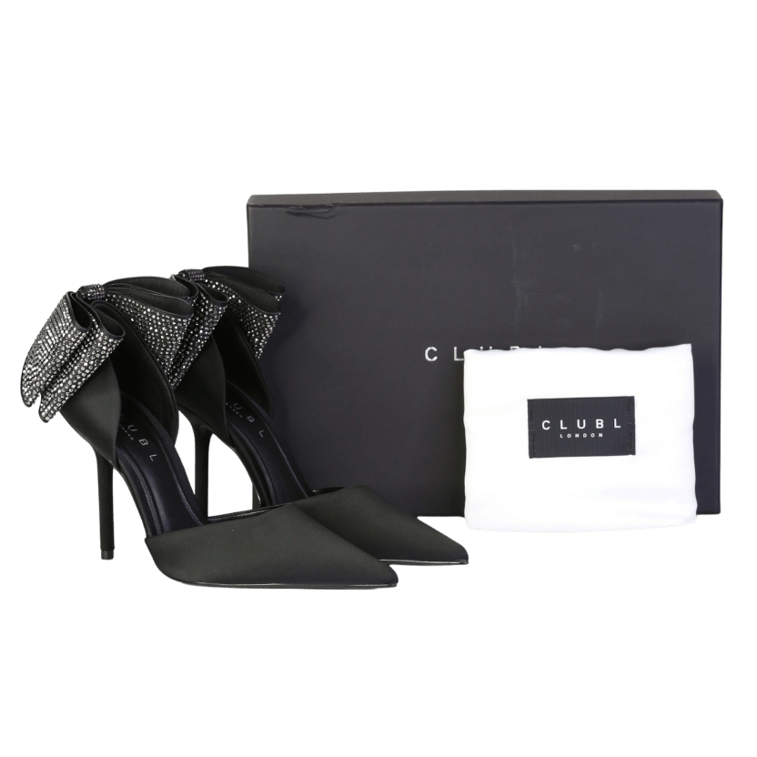 Club L Black Flashing Lights Satin Pointed Court Heels With Diamante Bows UK 4 EU 37