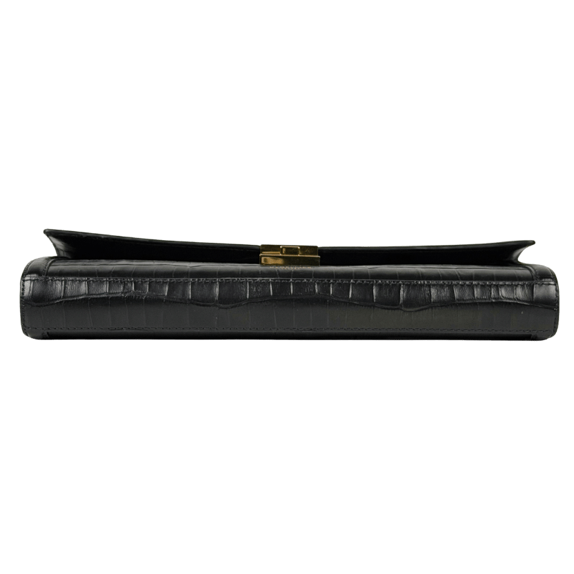 DEMELLIER Paris Clutch in black croc-effect leather with gold chain strap