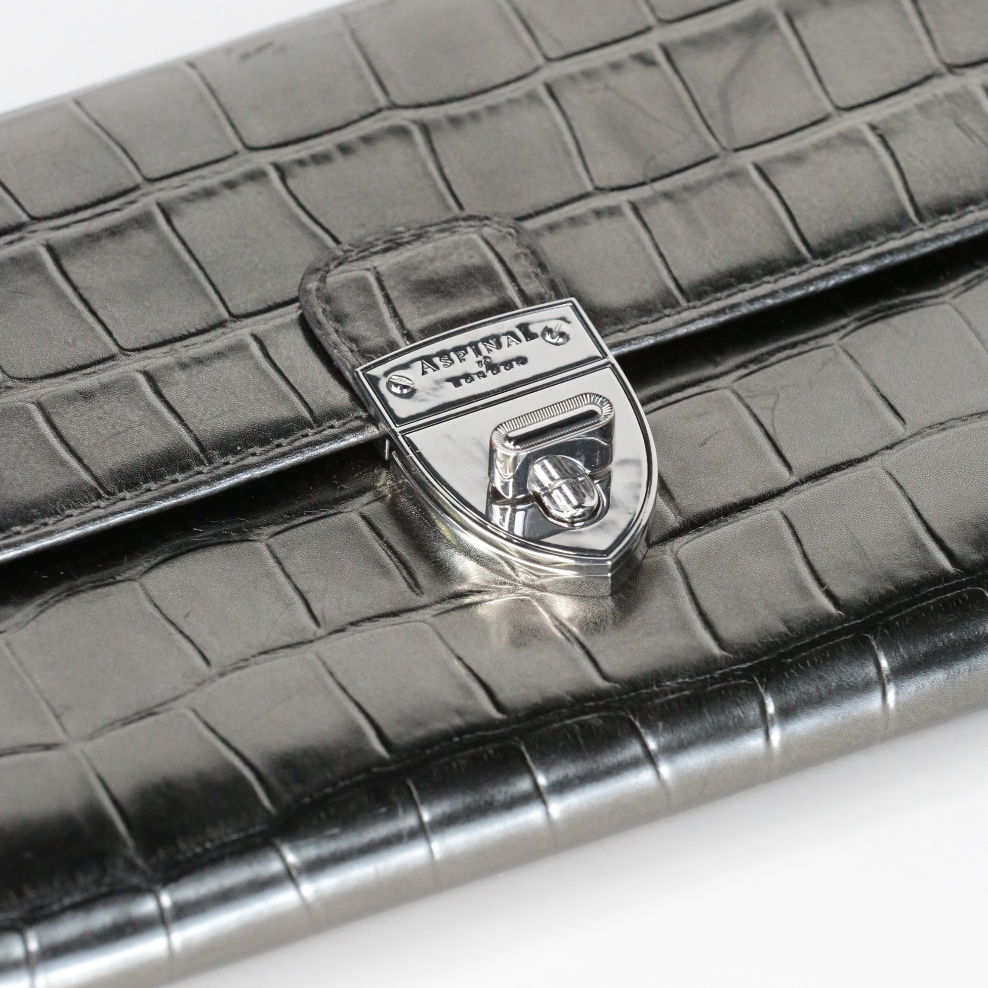 Aspinal Of London Metallic Gunmetal Croc Embossed Leather Clutch Bag