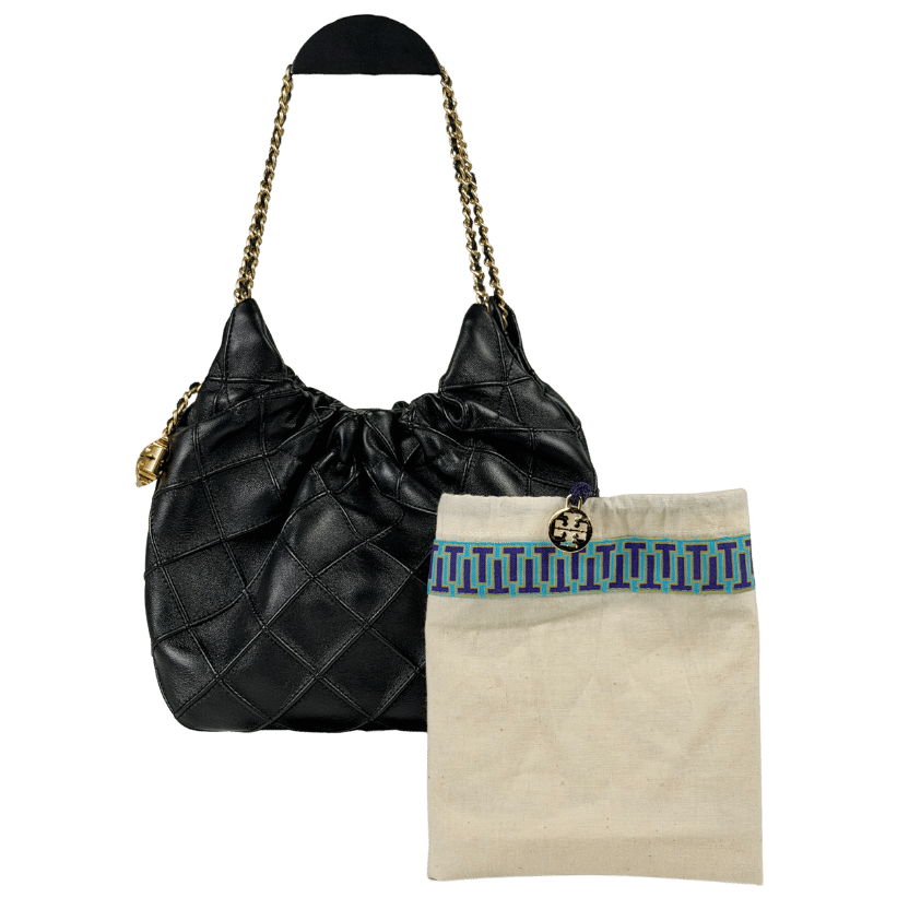 TORY BURCH Black Leather Mini Fleming Soft Hobo Bag with Hanging Logo Charm