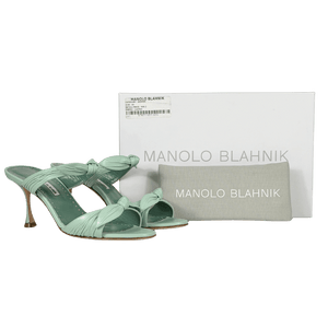 MANOLO BLAHNIK Mint Green Leather Lollo 70 Knot Mule Heels UK 7 EU 40