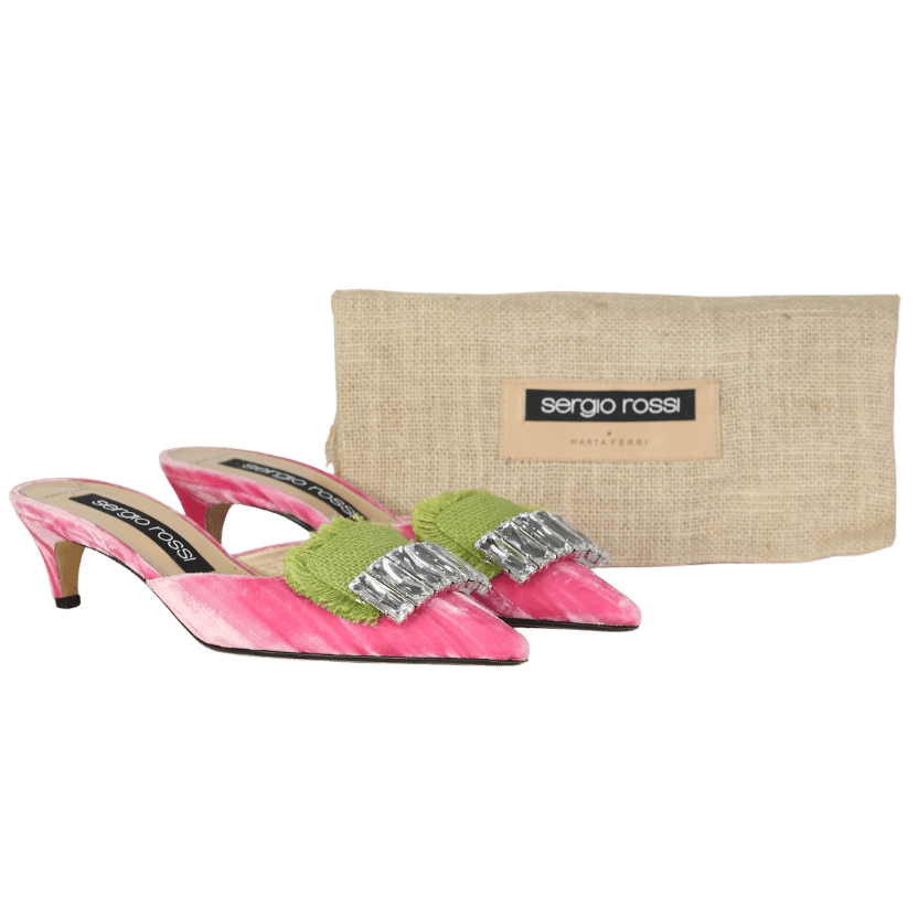Sergio Rossi X Marta Ferri Pink Velvet Embellished Mules UK 6 EU 39 👠