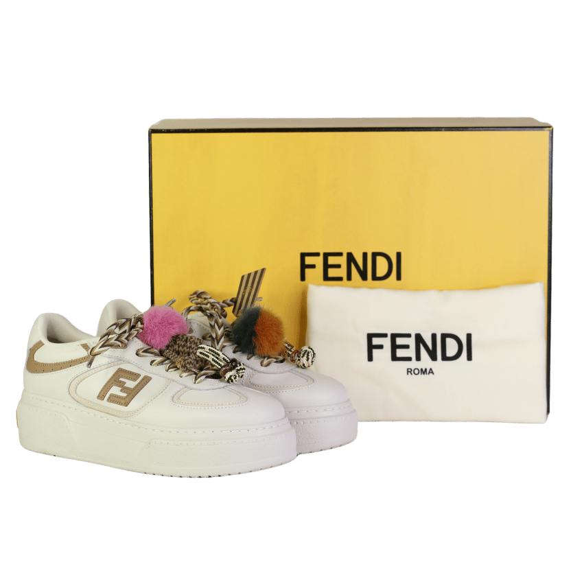 FENDI Match Low Top Platform  Shoes In Ivory White Leather With Charms UK 4 EU 37 👠