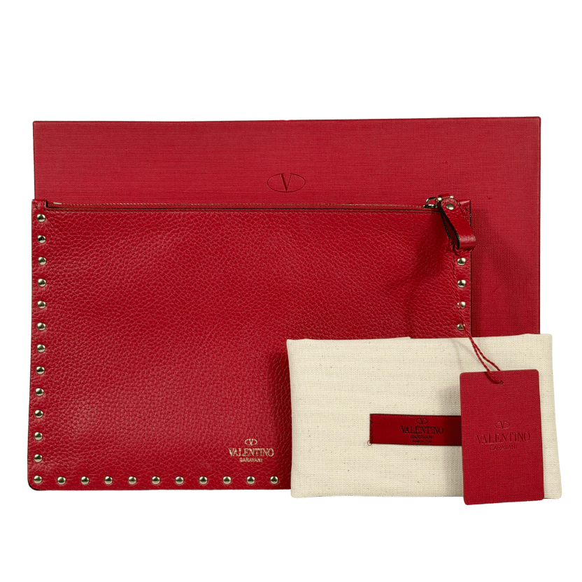 VALENTINO GARAVANI Large Grained Leather Rockstud Zip Pouch Clutch Bag - Red / Gold