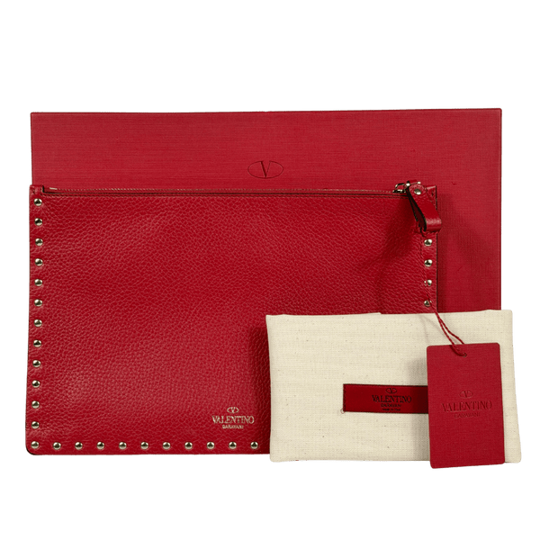 VALENTINO GARAVANI Large Grained Leather Rockstud Zip Pouch Clutch Bag - Red / Gold