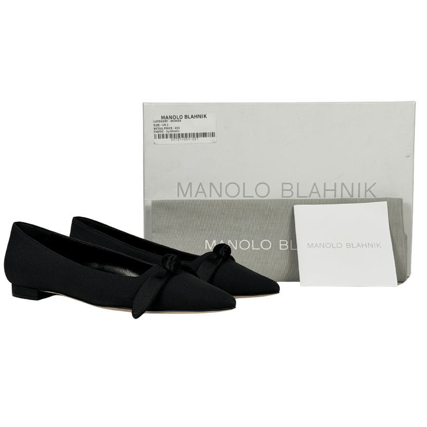MANOLO BLAHNIK Black Pairo Silk Bow Detail Pointed Ballet Flats UK 2 EU 35 👠