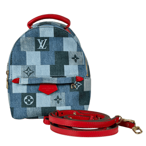 LOUIS VUITTON Denim Damier Monogram Patchwork Palm Springs Backpack Mini Blue Rouge - RARE