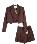 MESHKI 2-piece Chocolate Brown Simone Cropped Suiting Blazer & Shorts Set UK XS