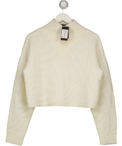 BOSS Cream Cropped Wool-blend Sweater With Layered Neckline UK L