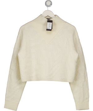 BOSS Cream Cropped Wool-blend Sweater With Layered Neckline UK L