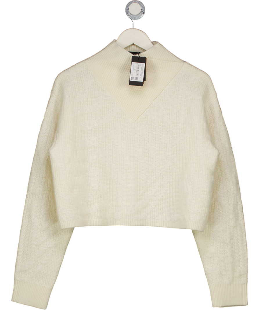 BOSS Cream Cropped Wool-blend Sweater With Layered Neckline UK L