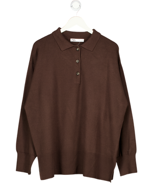 ZARA Chocolate Brown Knitted Polo Jumper UK L