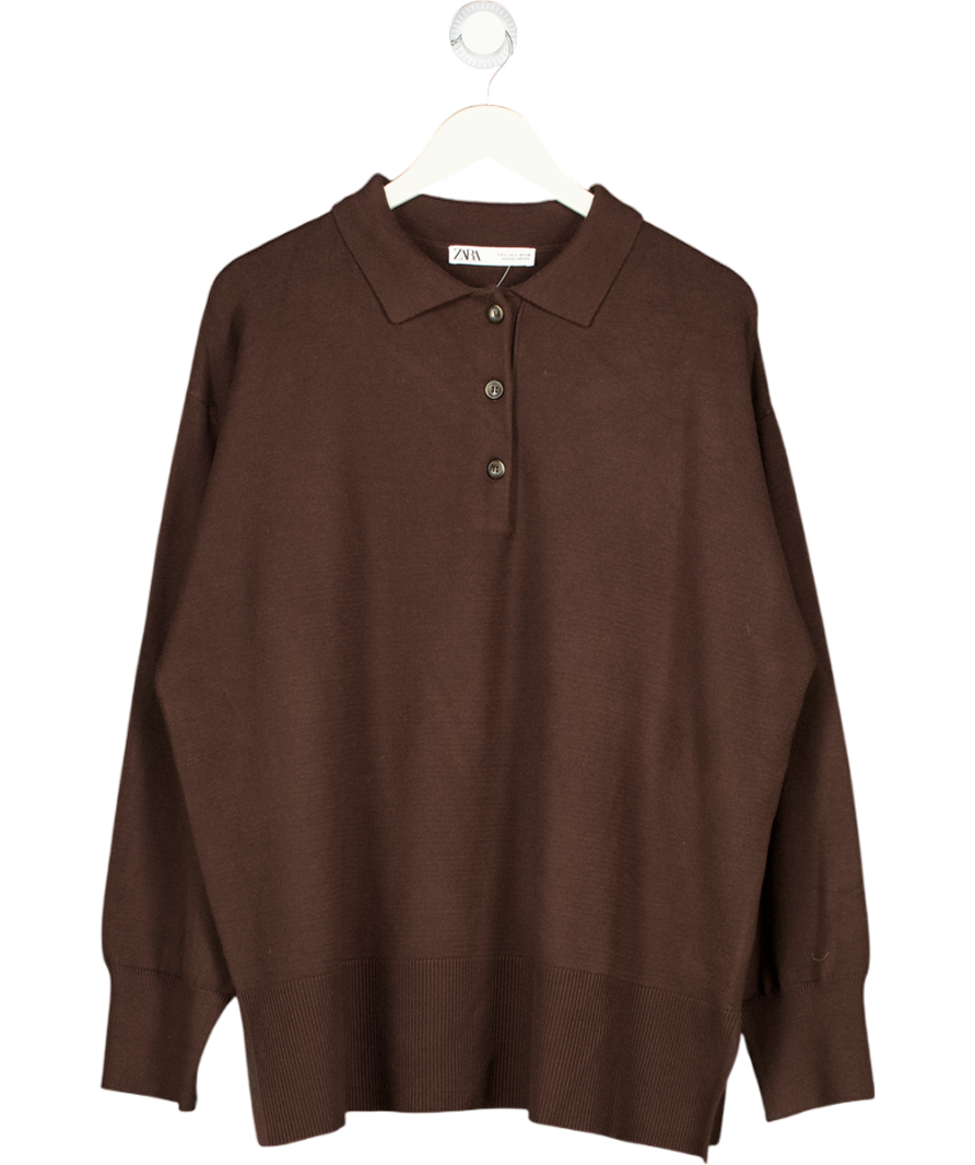 ZARA Chocolate Brown Knitted Polo Jumper UK L