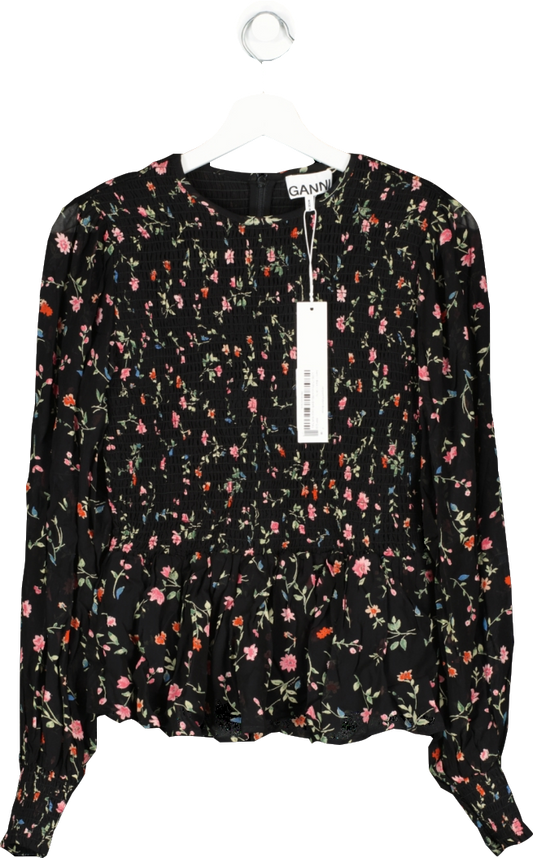 Ganni Black floral shirred Jacquard Pattern Blouse UK 10