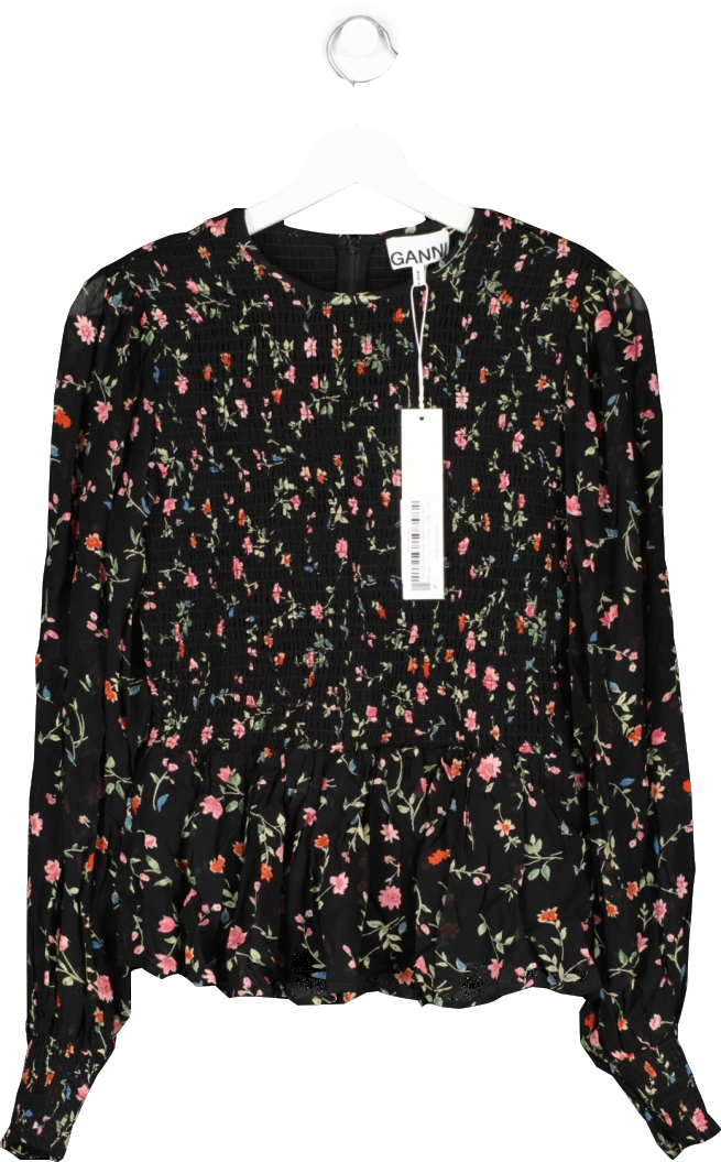 Ganni Black floral shirred Jacquard Pattern Blouse UK 10