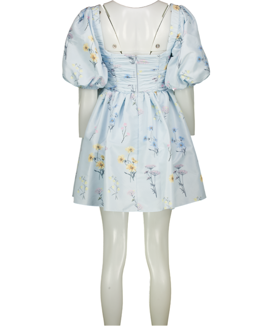 SELF PORTRAIT Blue Floral Watercolour Puff Sleeve Square Neck Taffeta Mini Dress UK 6