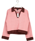 Karen Millen Pink Cotton Contrast Tipping Collared V Neck Knitted Jumper UK XS