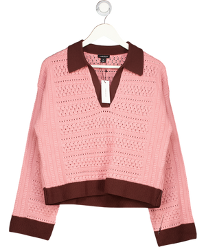 Karen Millen Pink Cotton Contrast Tipping Collared V Neck Knitted Jumper UK XS