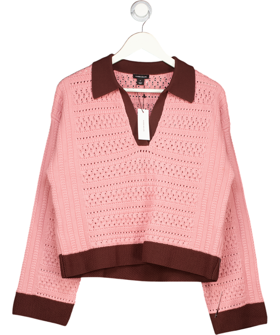Karen Millen Pink Cotton Contrast Tipping Collared V Neck Knitted Jumper UK XS