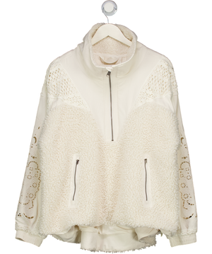Free People Cream Borg Fleece With Embroidery & Crochet Lace Trim UK M