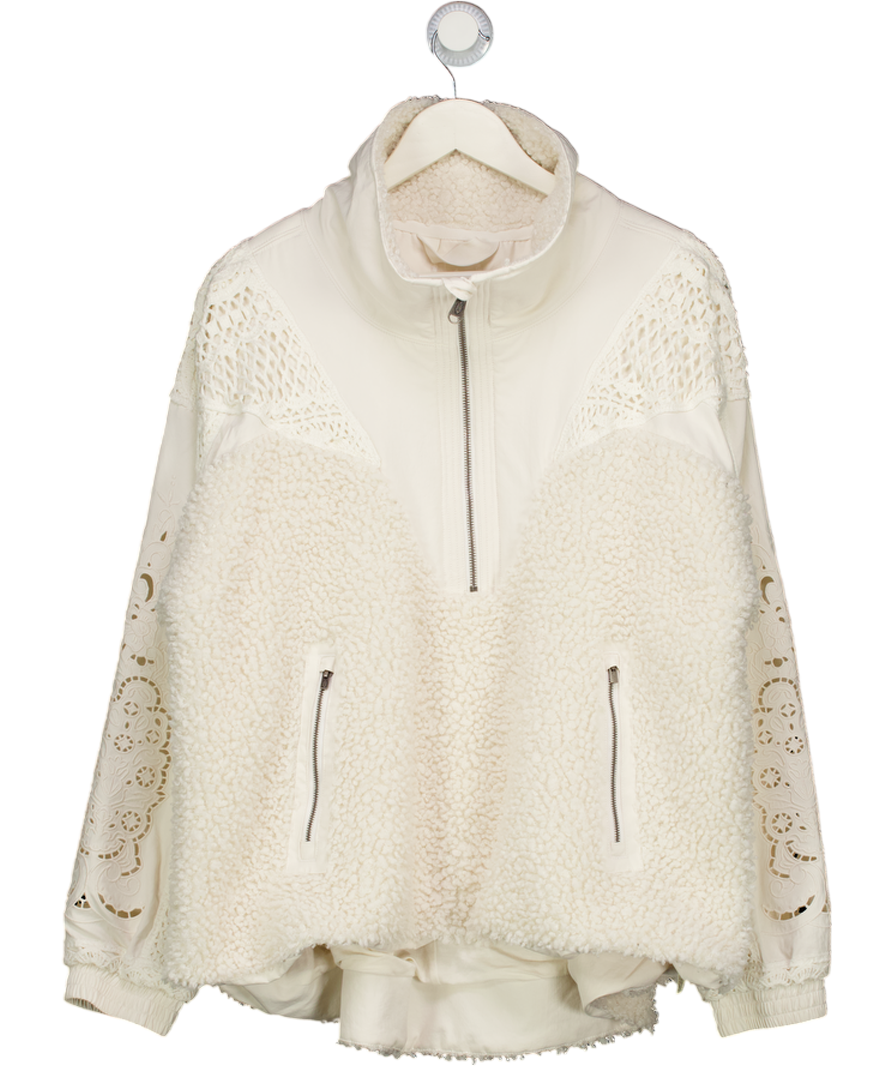 Free People Cream Borg Fleece With Embroidery & Crochet Lace Trim UK M