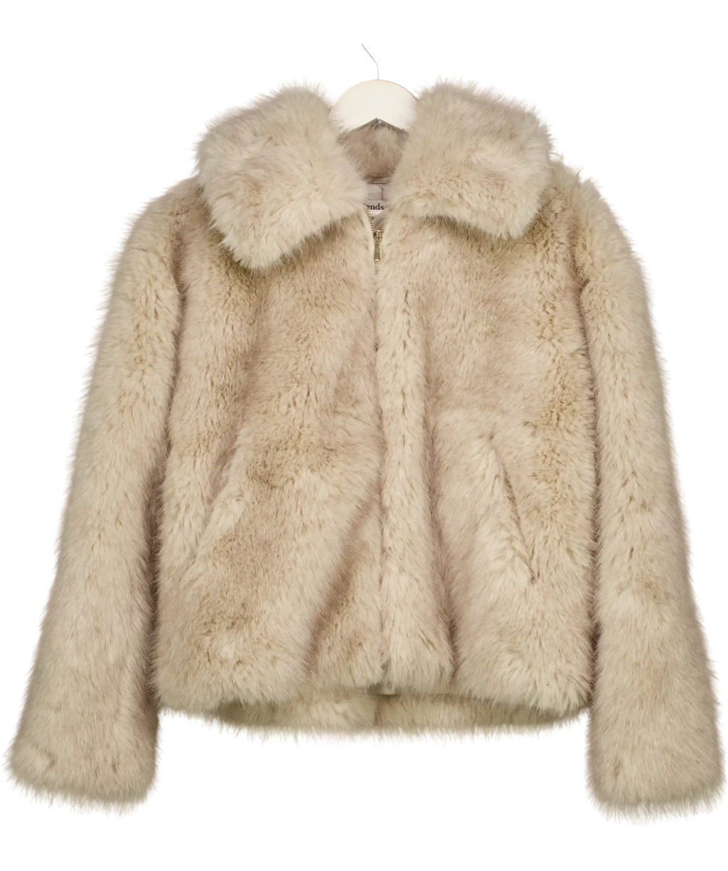 Friends like these Beige Neutral Grey Short Faux Fur Collar Zip Through Coat UK 10