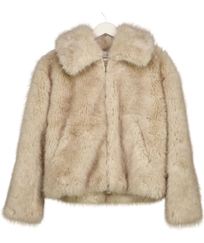 Friends like these Beige Neutral Grey Short Faux Fur Collar Zip Through Coat UK 10