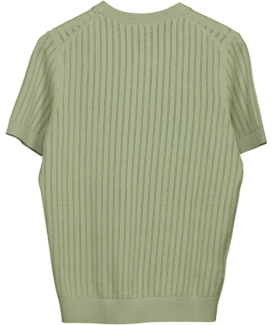 MANGO Sage Green Striped Openwork Cotton T-shirt UK M
