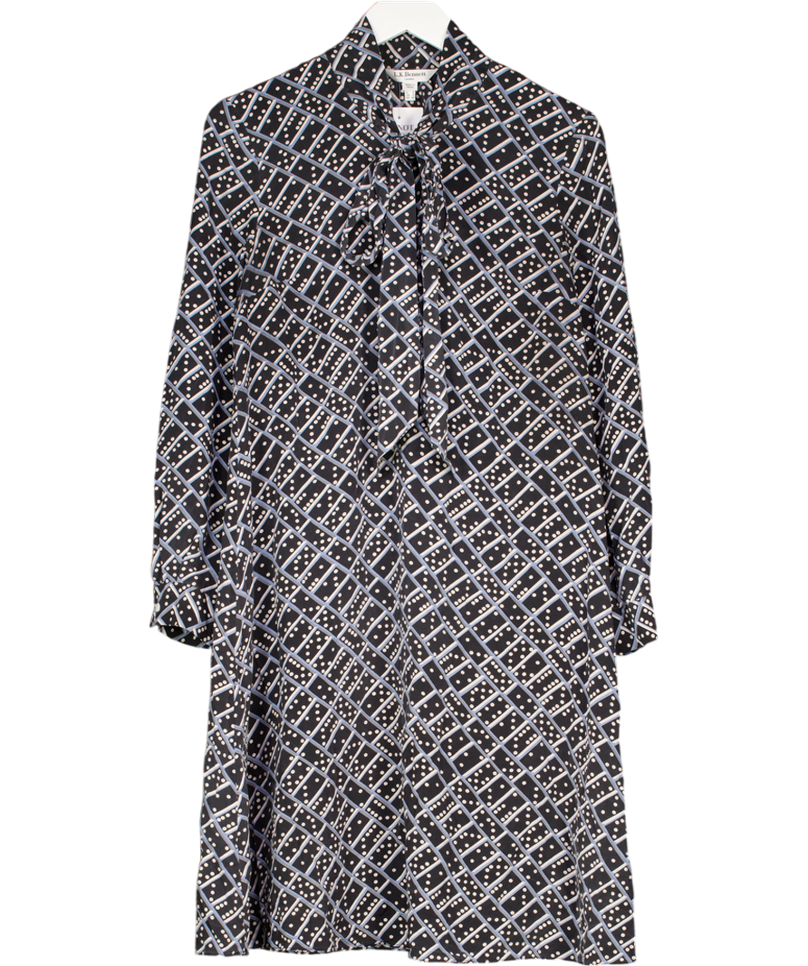 LK Bennett Navy Blue Geometric Dot Print 100% Silk Pussy Bow Mini Dress UK 8