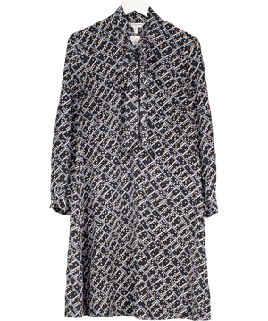 LK Bennett Navy Blue Geometric Dot Print 100% Silk Pussy Bow Mini Dress UK 8